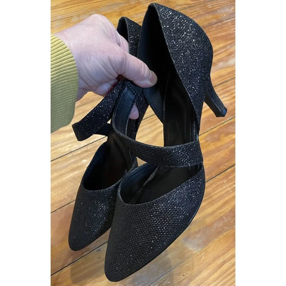 Mysoft Pointed Toe Low Stiletto Heel Black Glitter Dress Pumps Size 6.5‎ EUC
